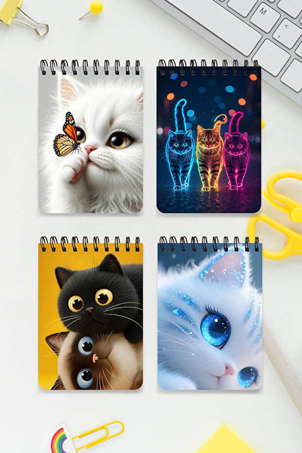Cute Cat Themed 4-Piece Set A6 Metal Top Spiral Bound 2 Pcs. Striped- 2 Pcs. Checkered Cardboard Cover Cute Cat Design Themed 4-Piece Notebook Set