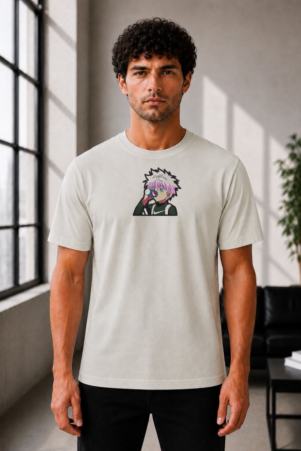 Unisex Oversize Hunter X Hunter Killua Zoldyck Embroidered Anime T-Shirt 100% Cotton