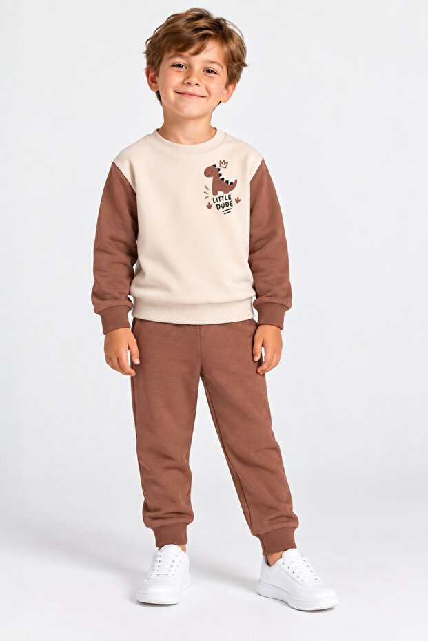 Boy's Top and Bottom Set Dino Brown Seasonal 100% Cotton