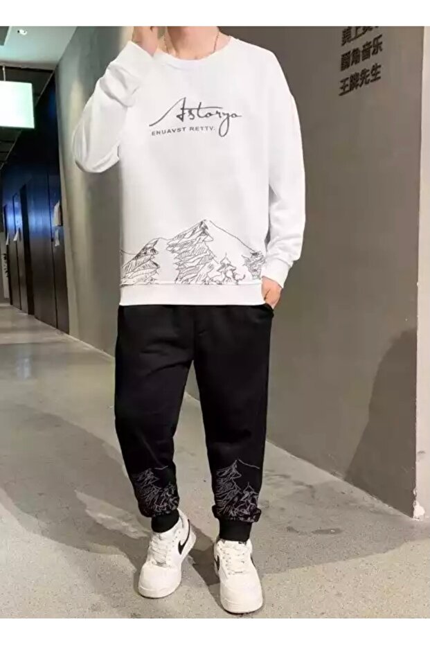 Round Neck Mountains Printed 100% Cotton 3 Yarn Shardooned Winter Plus Size Men's Track Suit