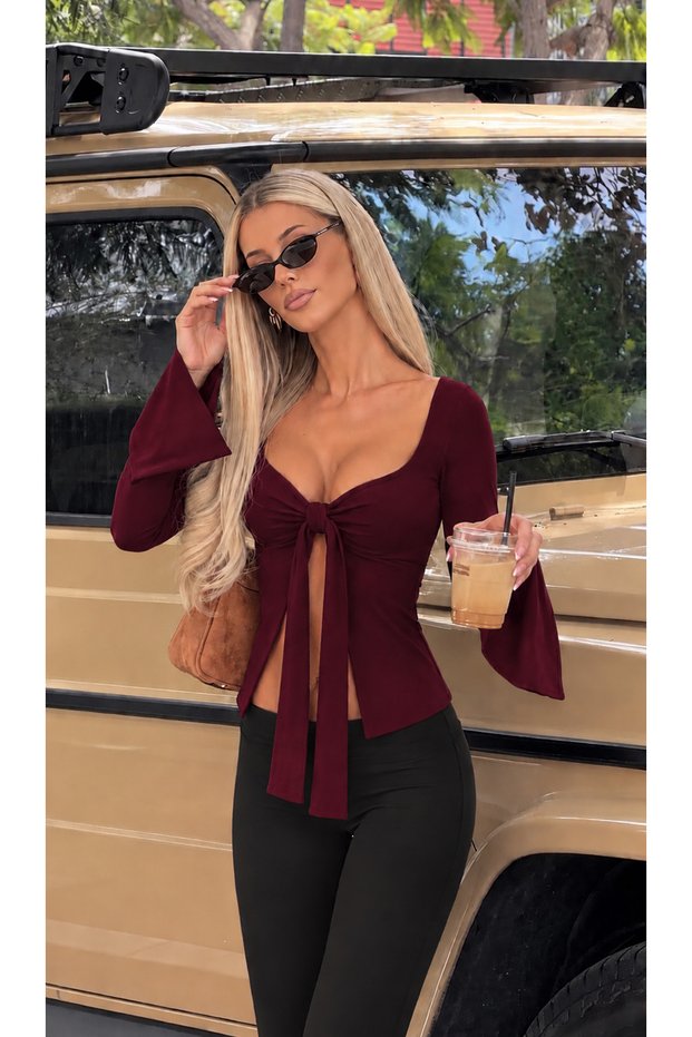 Women's V-Neck Blouse with Front Tie Detail and Flounce Sleeves