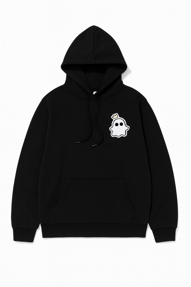 Unisex Oversize 3 Thread Yarn Kangaroo Pocket "Crowned Little Ghost" Printed Hooded Sweatshirt