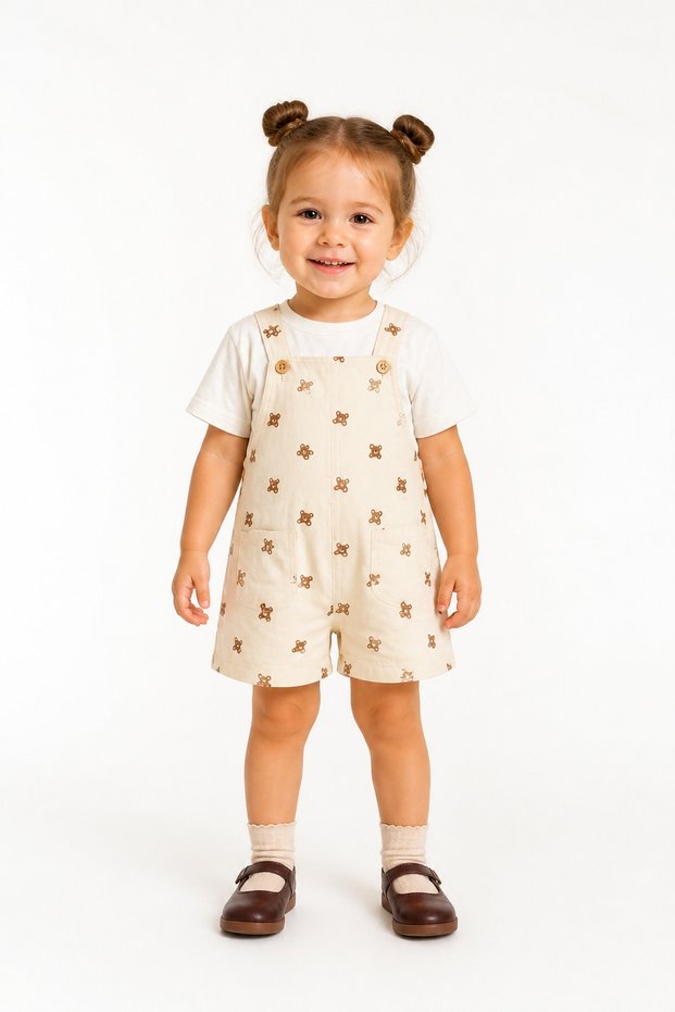 Unisex Children's Printed Teddy Bear Salopet Top and Bottom Set Summer Casual Model