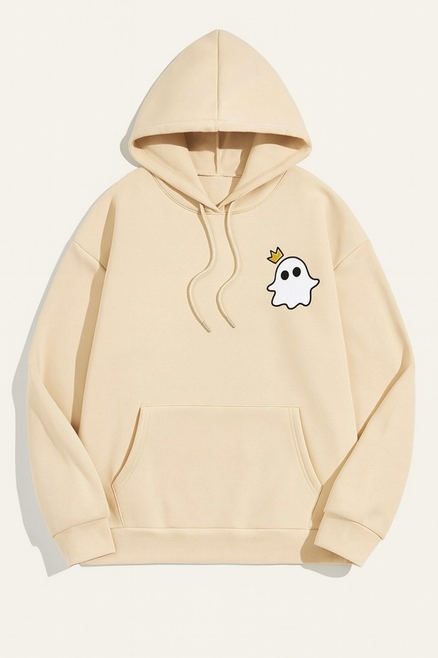 Unisex Oversize 3 Thread Yarn Kangaroo Pocket "Crowned Little Ghost" Printed Hooded Sweatshirt
