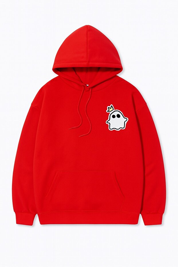 Unisex Oversize 3 Thread Yarn Kangaroo Pocket "Crowned Little Ghost" Printed Hooded Sweatshirt