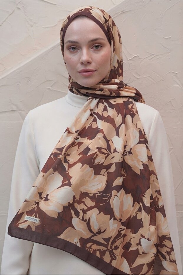 Ahenk Pattern Imported Cotton Shawl - Brown / Beige