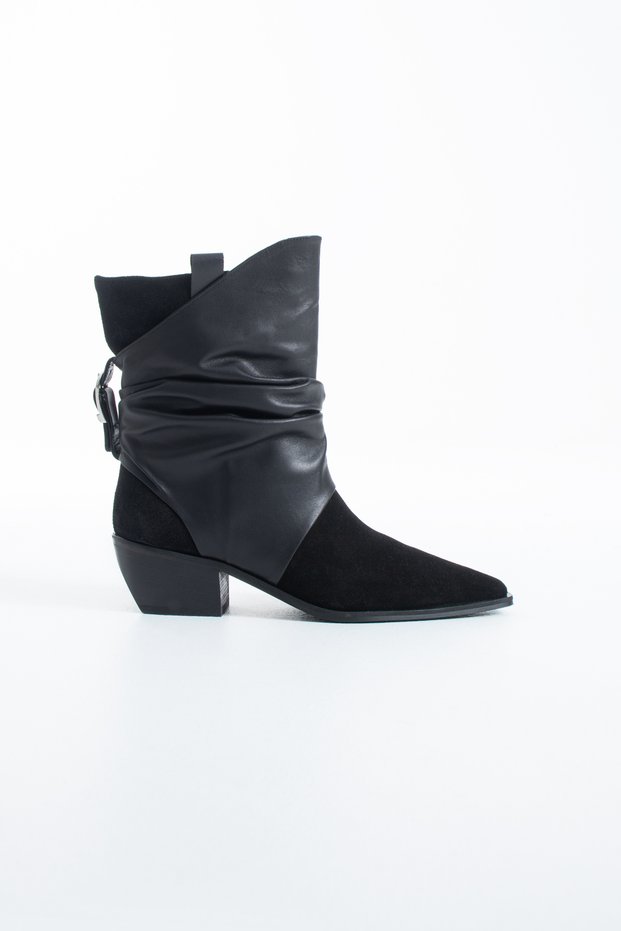 Valeria Genuine Leather Black Suede Pleated Western Women's Boots