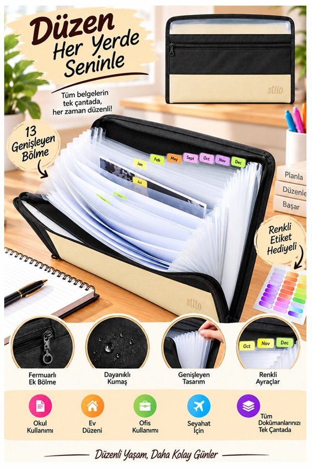 Yellow Bellows File with 13 Compartments, Zippered, 1 Piece Stilo Quality A4 Accordion File Organizer, 13 Pocket File Document
