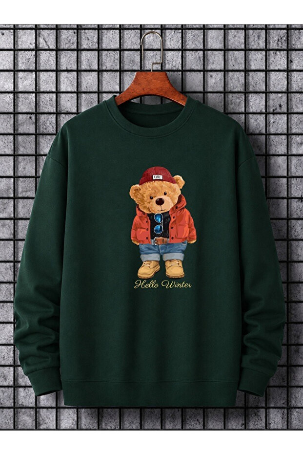 Unisex Plush Teddy Bear Printed Crew Neck Sweatshirt – Winter Themed Casual Oversize Sweatshirt