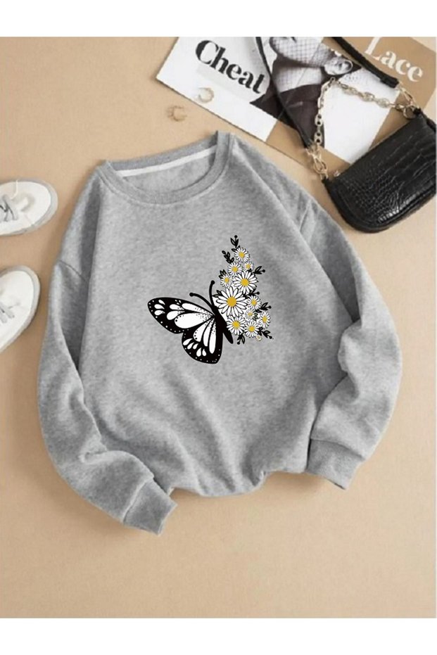 Women's Butterfly Floral Printed Sweatshirt Crew Neck Comfortable Fit Casual Sports Top