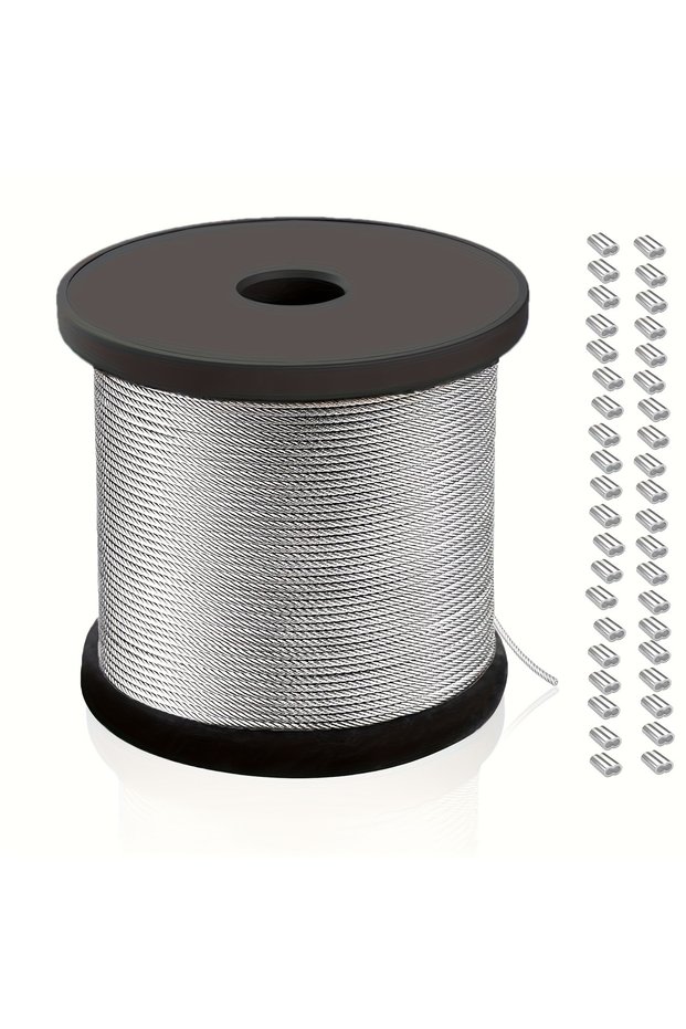 60m 304 Stainless Steel Wire Rope, Equipped with 50 Aluminum Clips, Pvc Coated Cable, 2.0mm, Length