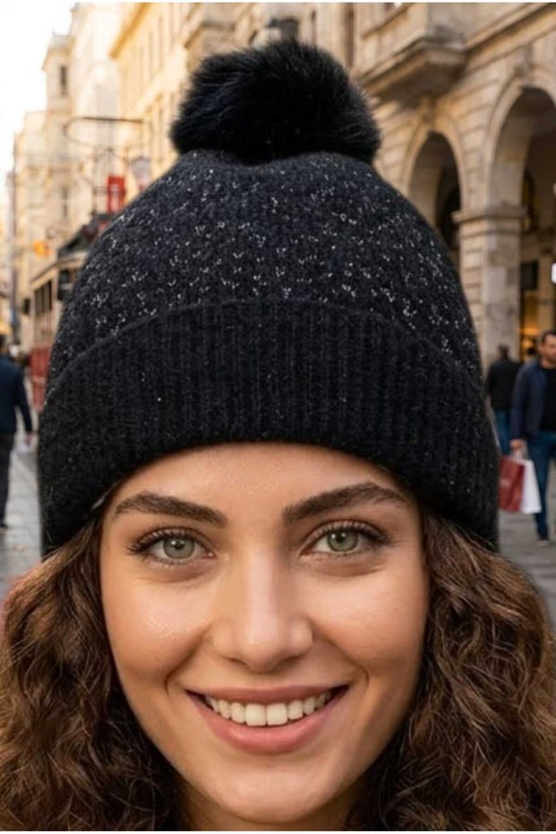 Women's Pompom Sparkling Knitwear Beanie Lined Winter Beanie