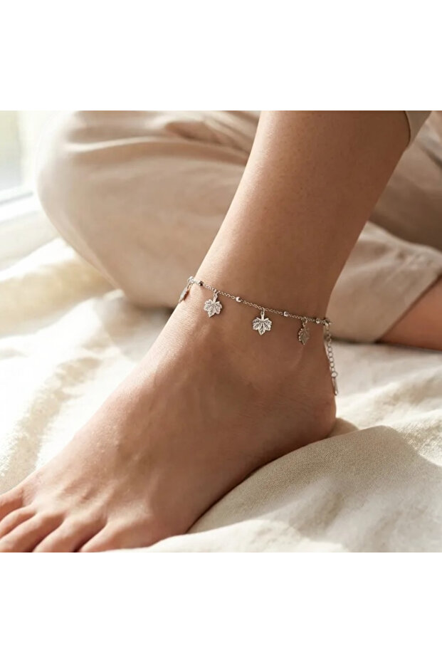 Leaf Figured Steel Anklet Silver Color