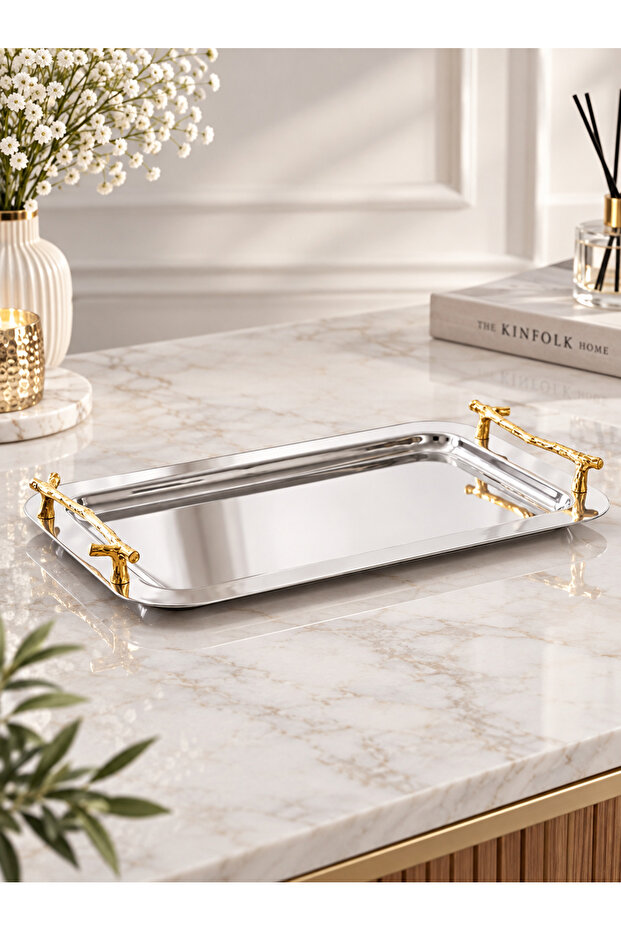 Luxury 304 Quality 1 mm Thickness 17X34Cm Handle Stick Stainless Steel Tea, Coffee, Presentation Tray 1 Piece