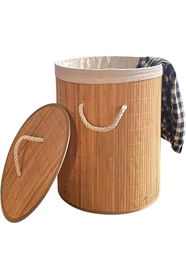 سلة غسيل قابلة للطي من الخيزران مع غطاء ومقابض، منظم للملابس