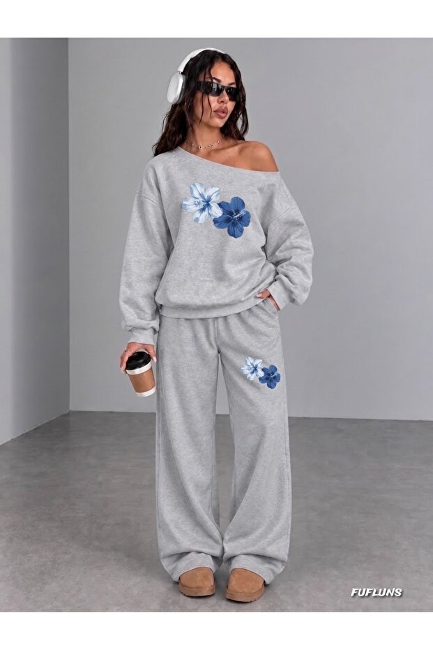 Flower Printed Women's Boat Neck Bottom/Upper Track Suit Set