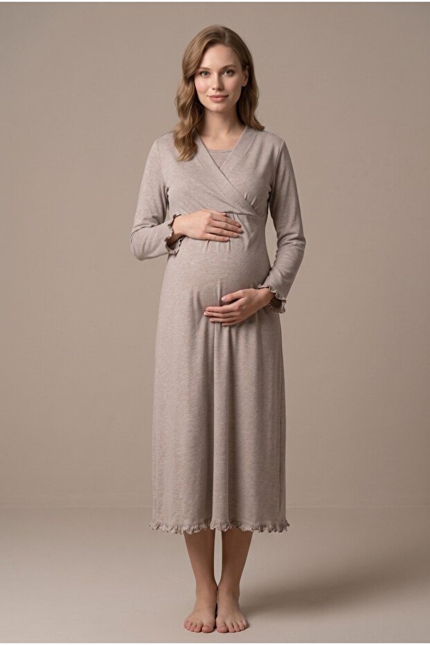 Women's Beige Double-Breasted Collar Long-Sleeved Maternity Nightgown Set for Easy Breastfeeding