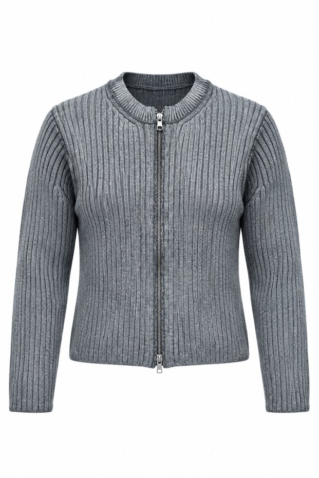 Varaklı Crew Neck Reversible Zipper Ribbed Knitwear Cardigan Aw26Hi0034