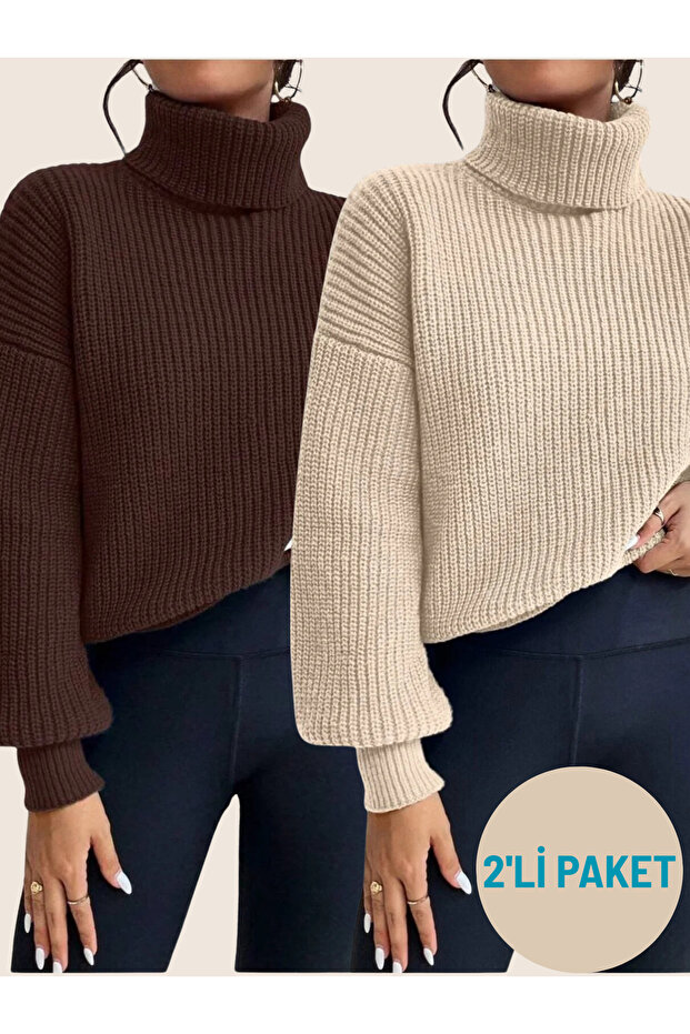 Women's Coffee-Beige 2-Pack High-Neck Oversize Knitwear Sweater Ribbed Flowy Soft Textured Cotton Turtleneck