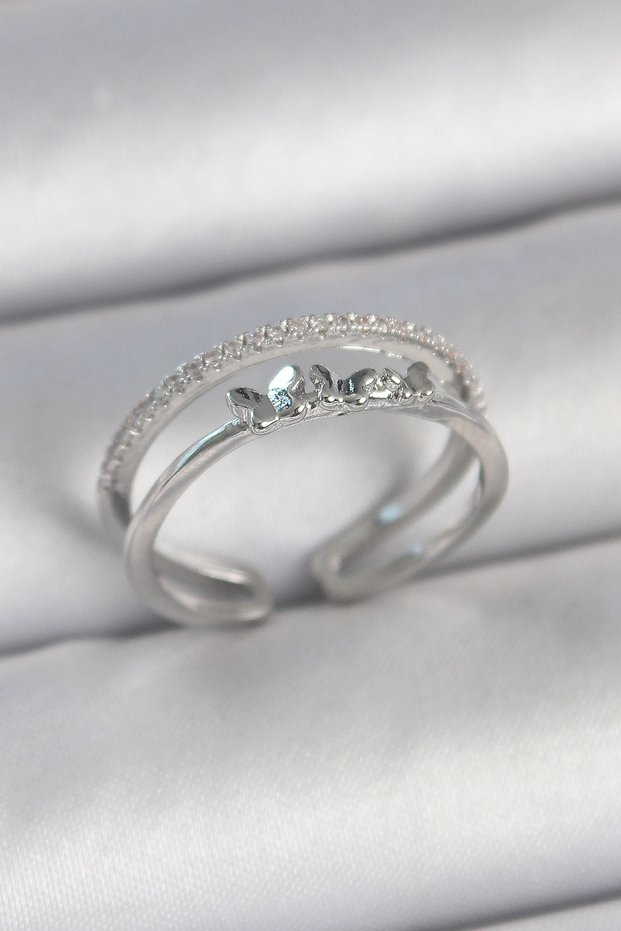 Brass Silver Color 2-Piece Zircon Stone Detailed Figure Adjustable Model Women's Ring Tj-Byk3732