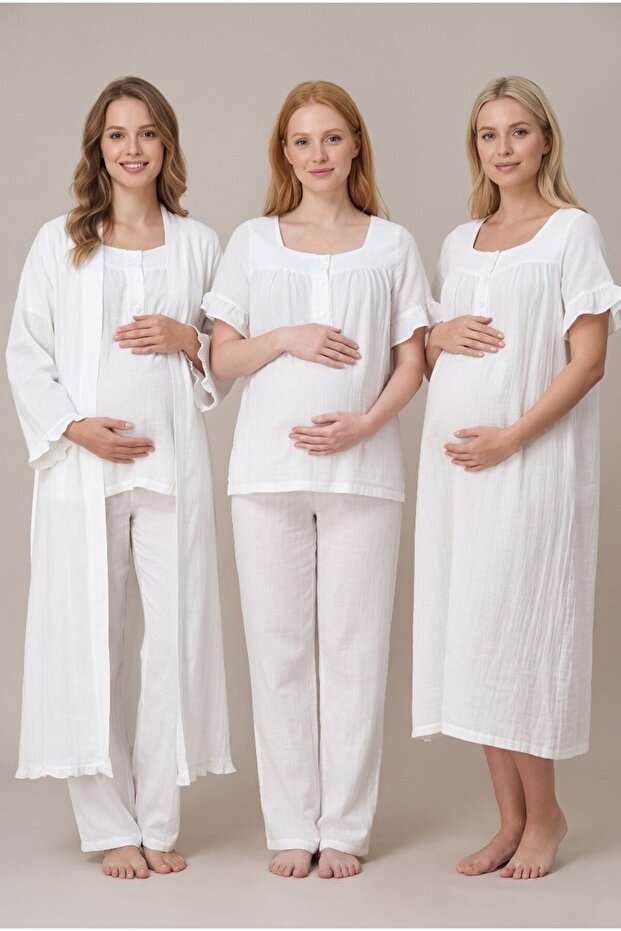 Women's Ecru Muslin Cotton Fabric Short Sleeve Buttoned Maternity Nightgown with Easy Breastfeeding Feature, Pajama Set