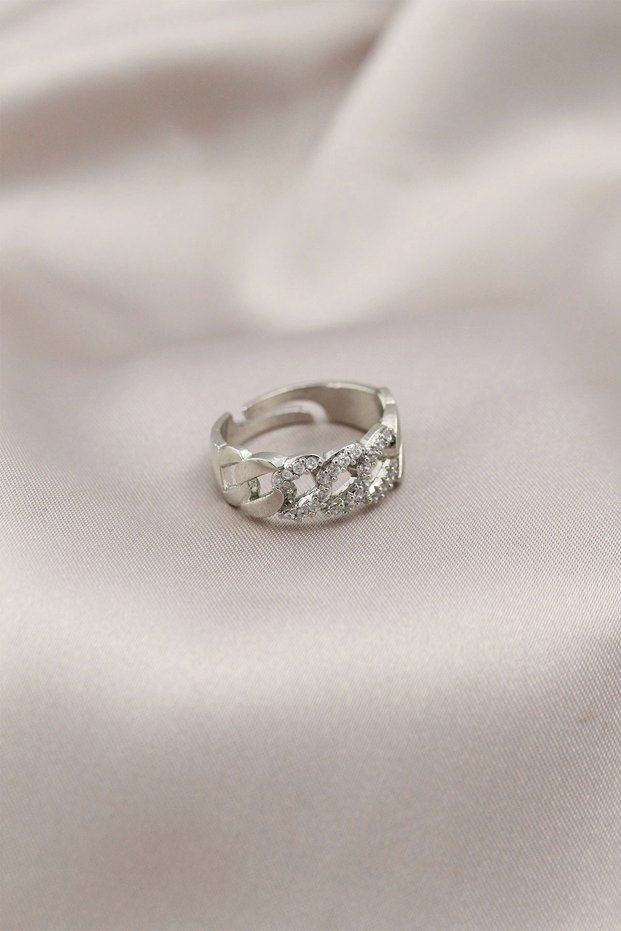 Silver Color Metal Chain Model Stone-Encrusted Women's Ring Tj-Byk2200