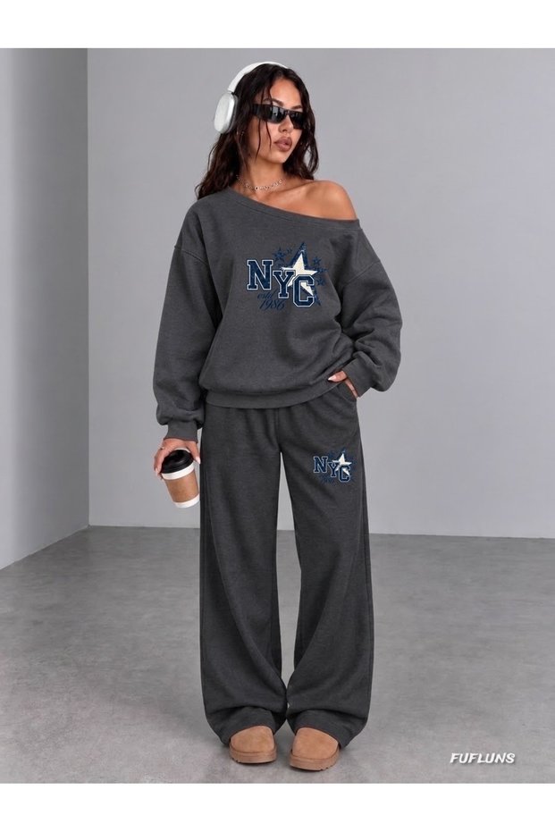 Nyc Star Women's Boat Neck Sweatshirt/Top Track Suit Set