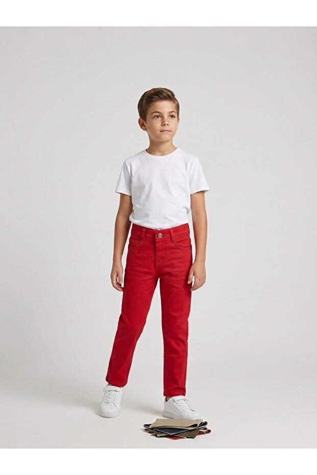 Red Boys' Canvas Pants - Flexible Denim with Leather Labels and Yellow Stitching