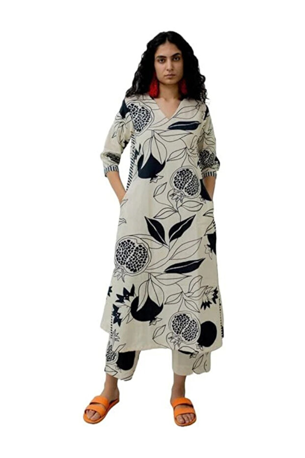 Cream Viscose Botanical Print Kurta Set - TRT2000 | Cream-Size:XL-42-Inches