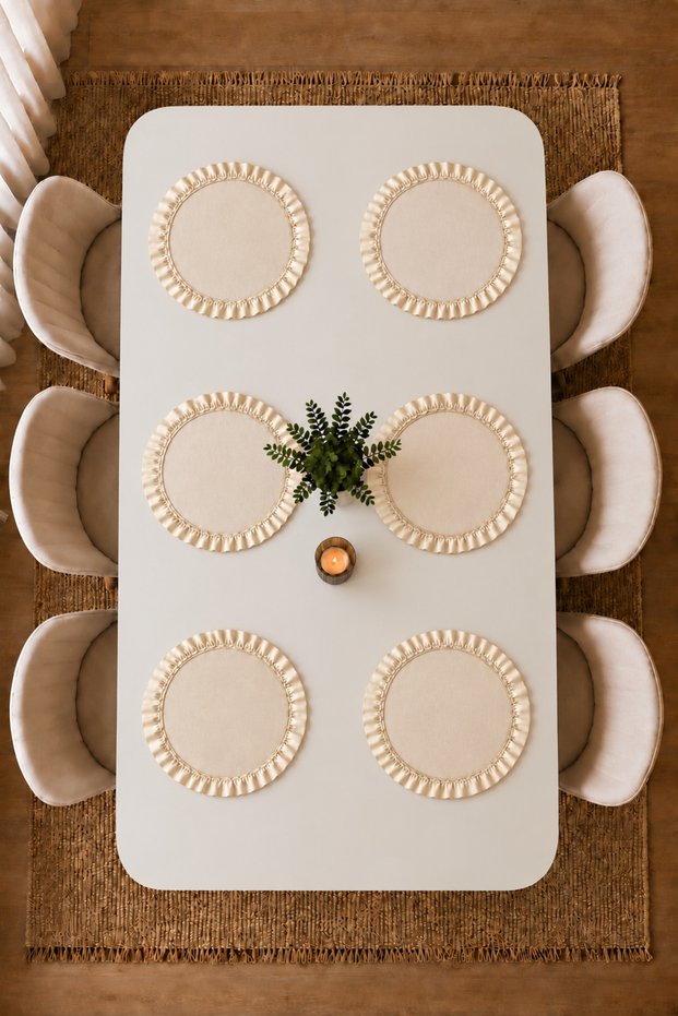 Set of 6 Round Ruffled Plates – 33cm Fabric Placemats Cream