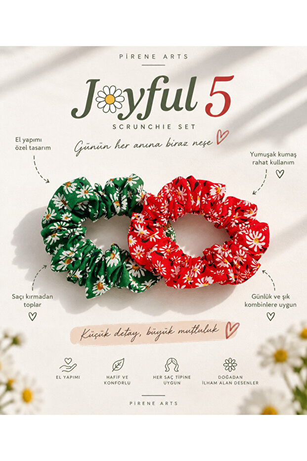Joyfull 5 Mini Scrunchie Set of 2 Flower Patterned Handmade Hair Clips
