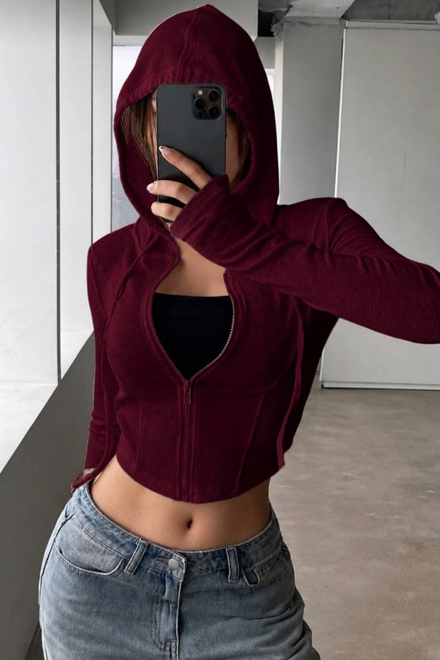 Zippered Hooded Blouse