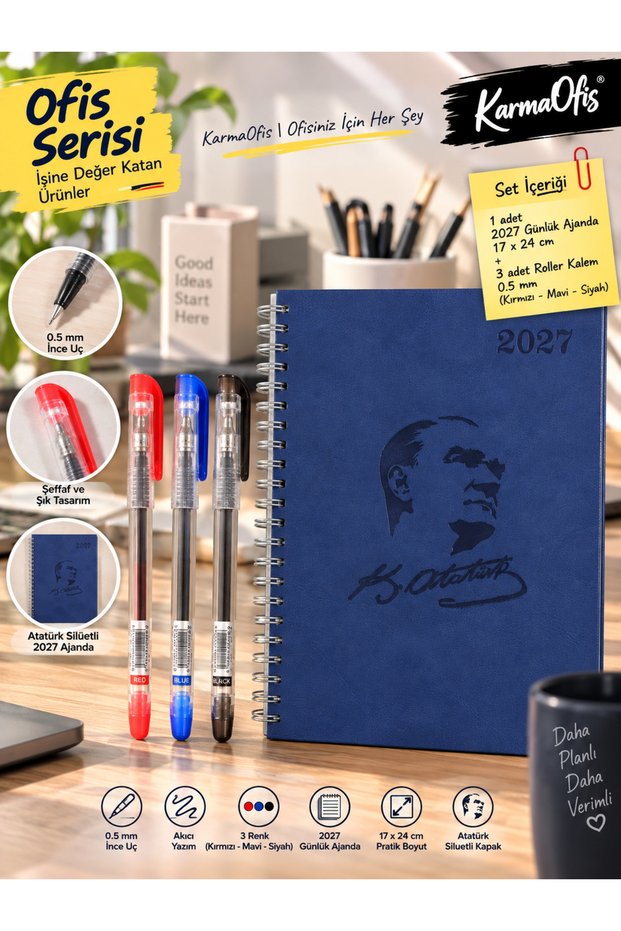 2027 Ataturk Silhouette Daily Agenda 17X24 cm Spiral Navy Blue + 3 Colors 0.5 mm Fine Tip Roller Pen Set