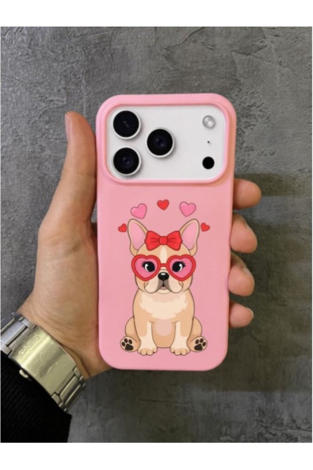 iPhone 17 Pro Max - 18 Pro Max Compatible Cute Bulldog Pattern Pink Case with Motif Bow
