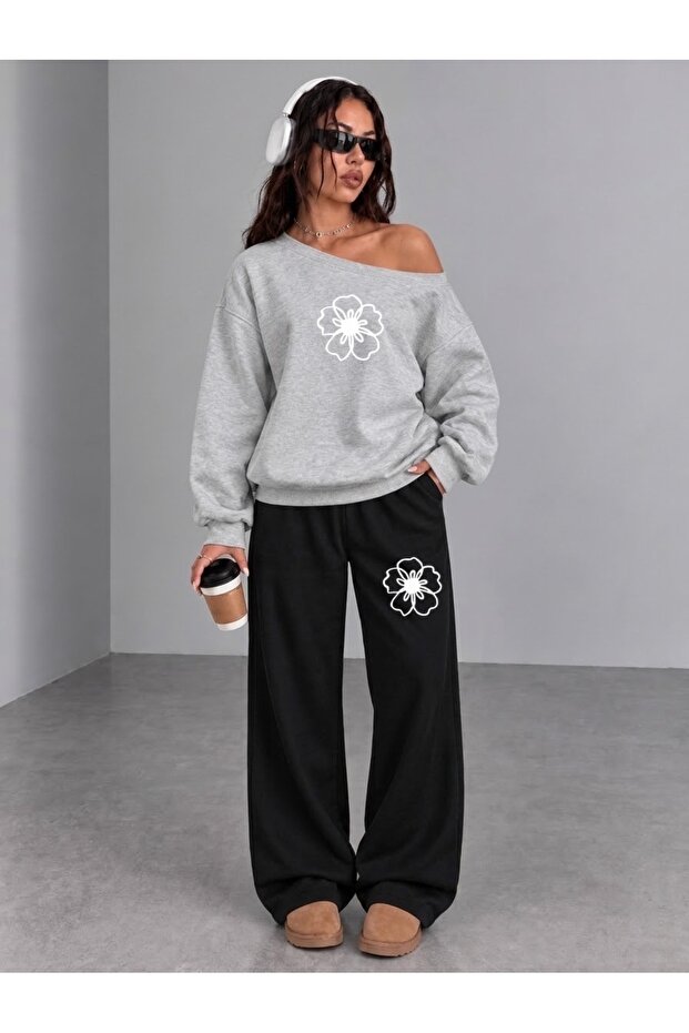 Drawing Flower Printed Women's Boat Neck Top/Sweatshirt Track Suit Set