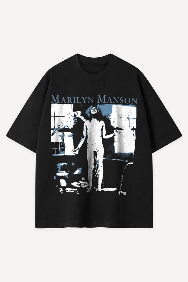 Marilyn Manson Blue Printed Black Oversize Tshirt