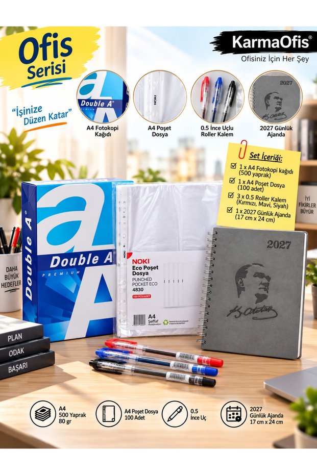 2027 Atatürk Ajandalı Office Set Gray – Double a A4 500 Sheets, 100-Pocket File Folder, 3 Colors 0.5 Roller Pens