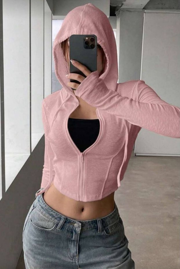 Zippered Hooded Slim Ribbed Blouse