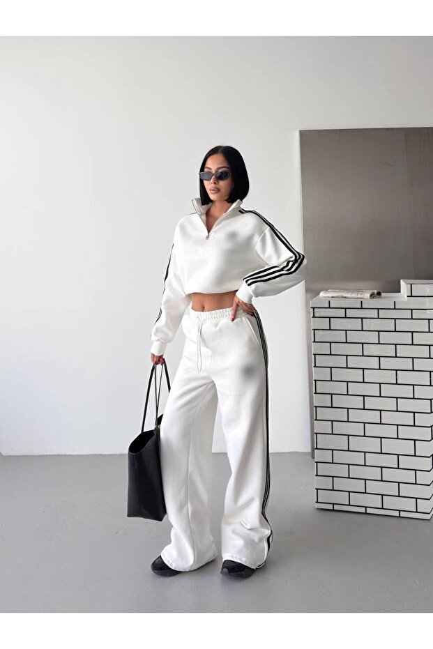 Striped Half-Zip White Thick Sweatshirt Pants Oversize Tracksuit Set