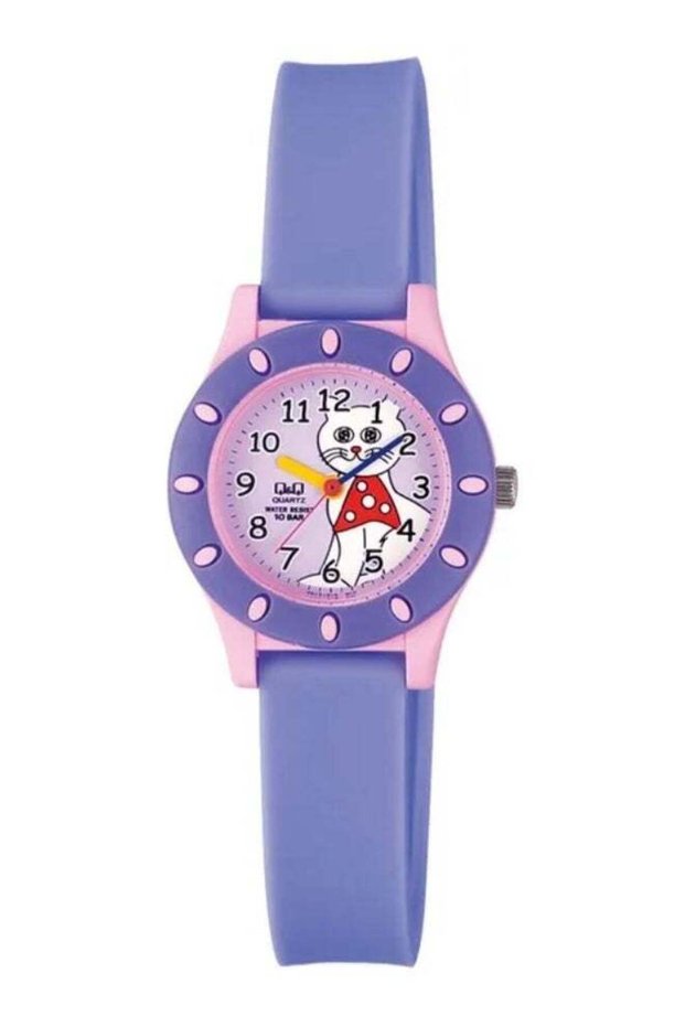 Kids Unisex Analog Quartz Watch VQ13J010Y, Purple/Pink with Cartoon Cat Dial