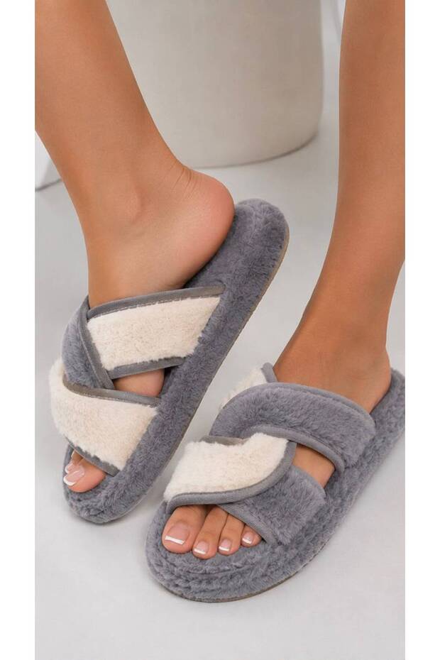 Color Contrasted Cross Plush Comfortable Sole Home Slippers