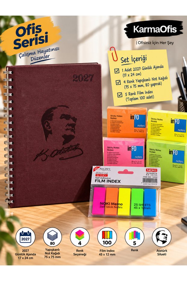 2027 Ataturk Silhouette Spiral Daily Agenda 17X24 cm Brown + 4 Color Adhesive Note Paper + 100 Pieces Film Index Bookmark