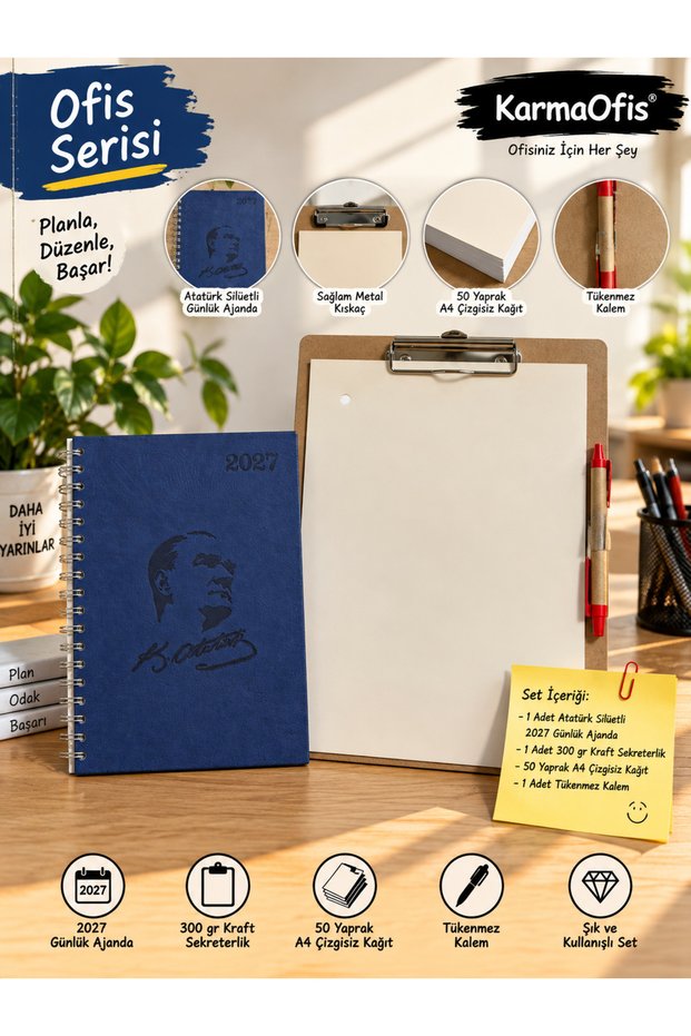 2027 Ataturk Silhouette Daily Agenda Set 17X24 cm Navy Blue – Kraft Secretariat, 50 Sheets of A4 Ivory Paper and Ballpoint Pen