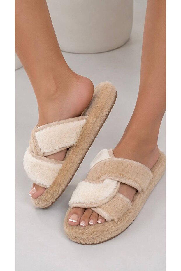 Color Contrasted Cross Plush Comfortable Sole Home Slippers