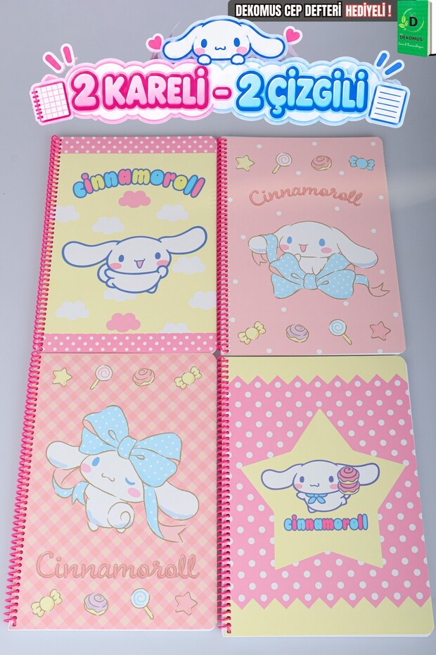 Sweet Bow Collection Licensed Stickered 2 Checkered, 2 Lined A4 Notebook Set, Dekomus Pocket Notebook as a Gift