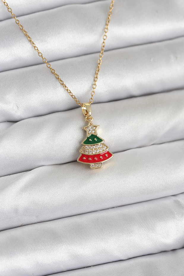 316L Steel Chain Gold Ren Pine Tree Model Zircon Stone Christmas Themed Women's Necklace Tj-Bko10710