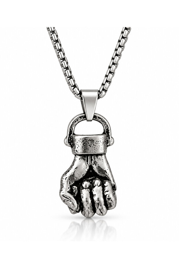 Men's Silver Color Fist Figured Necklace – 29 cm Chain – 4 cm Special Design Men's Necklace