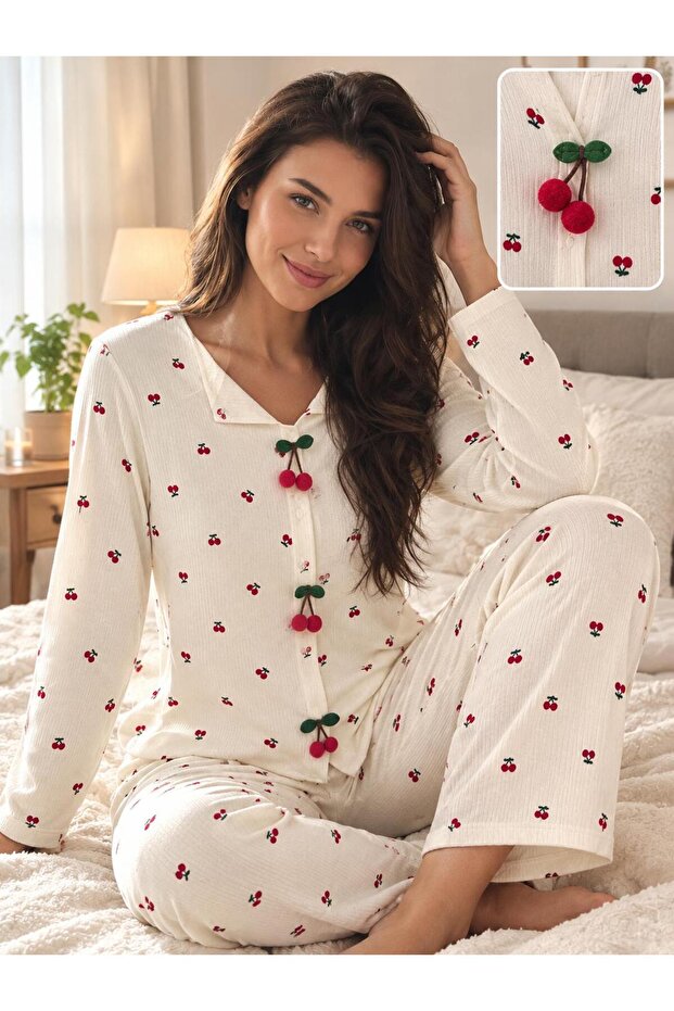 Women's Long Sleeve Cherry Pattern 100% Cotton Ribbed Pajama Set