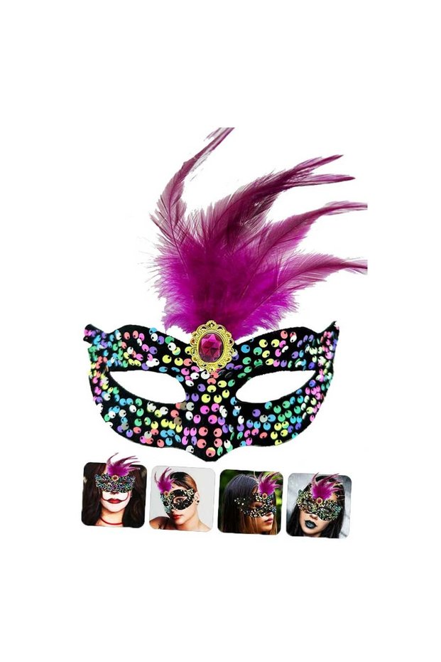 Black Velvet with Colorful Sequins, Pink Feathers and Pink Stones Party Mask 19X21 cm