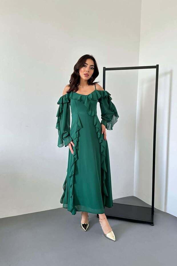 Emerald Ruffled Chiffon Dress